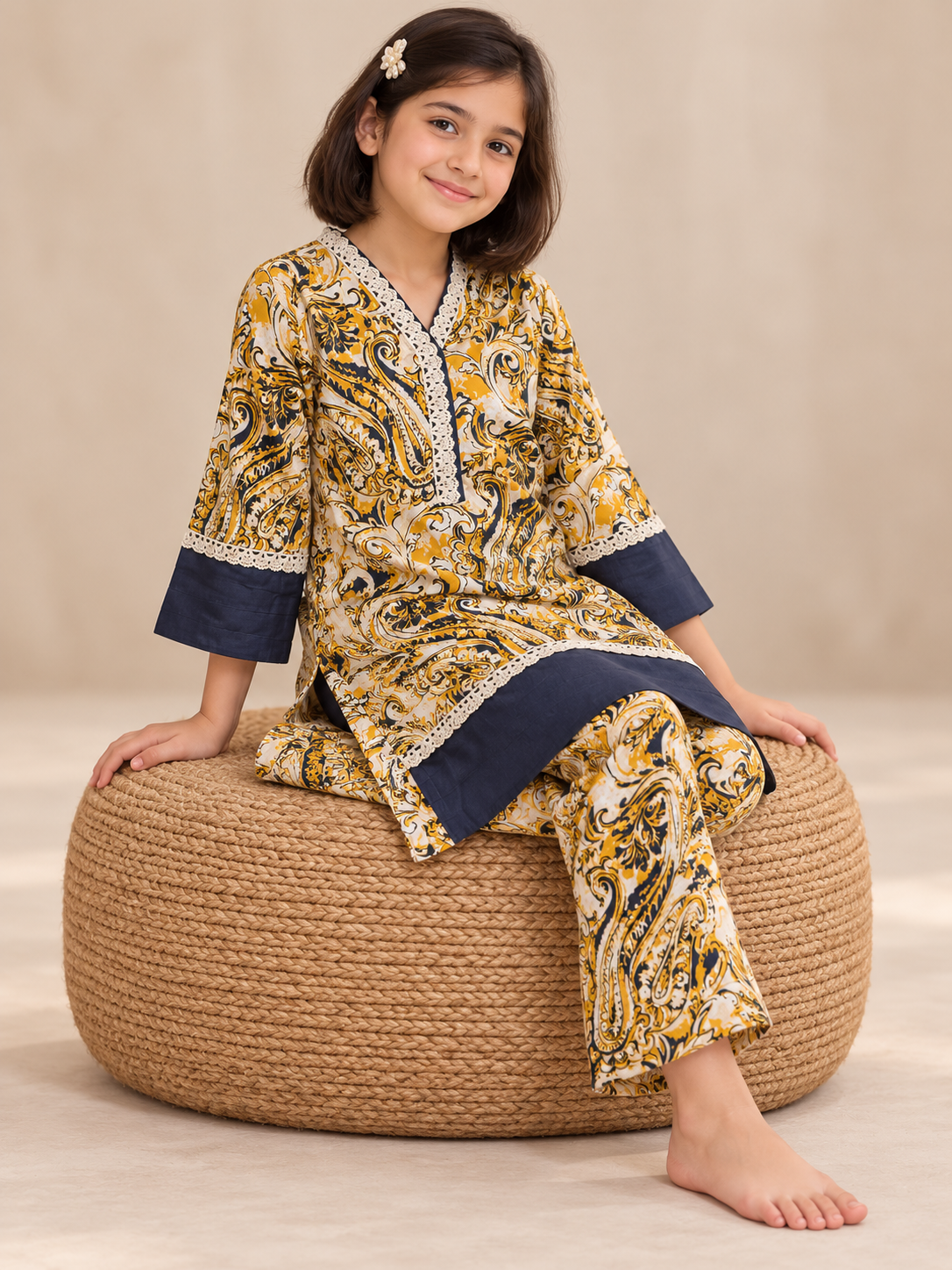 Cotton Printed Kurti Set 1837 Yellow