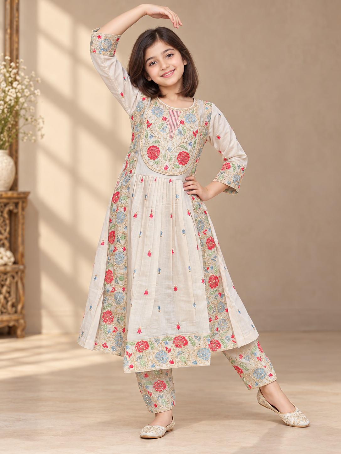 Cotton Embroidery Gown Set 1842 Beige