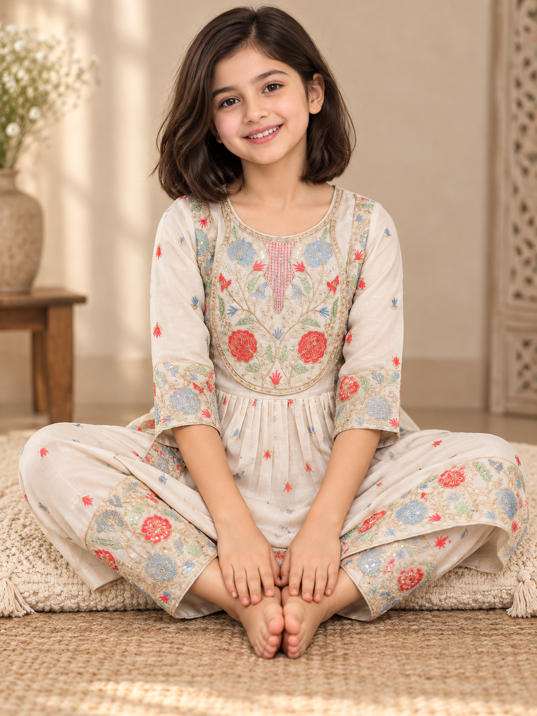 Cotton Embroidery Gown Set 1842 Beige