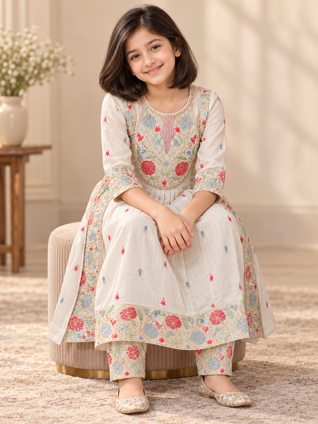 Cotton Embroidery Gown Set 1842 Beige