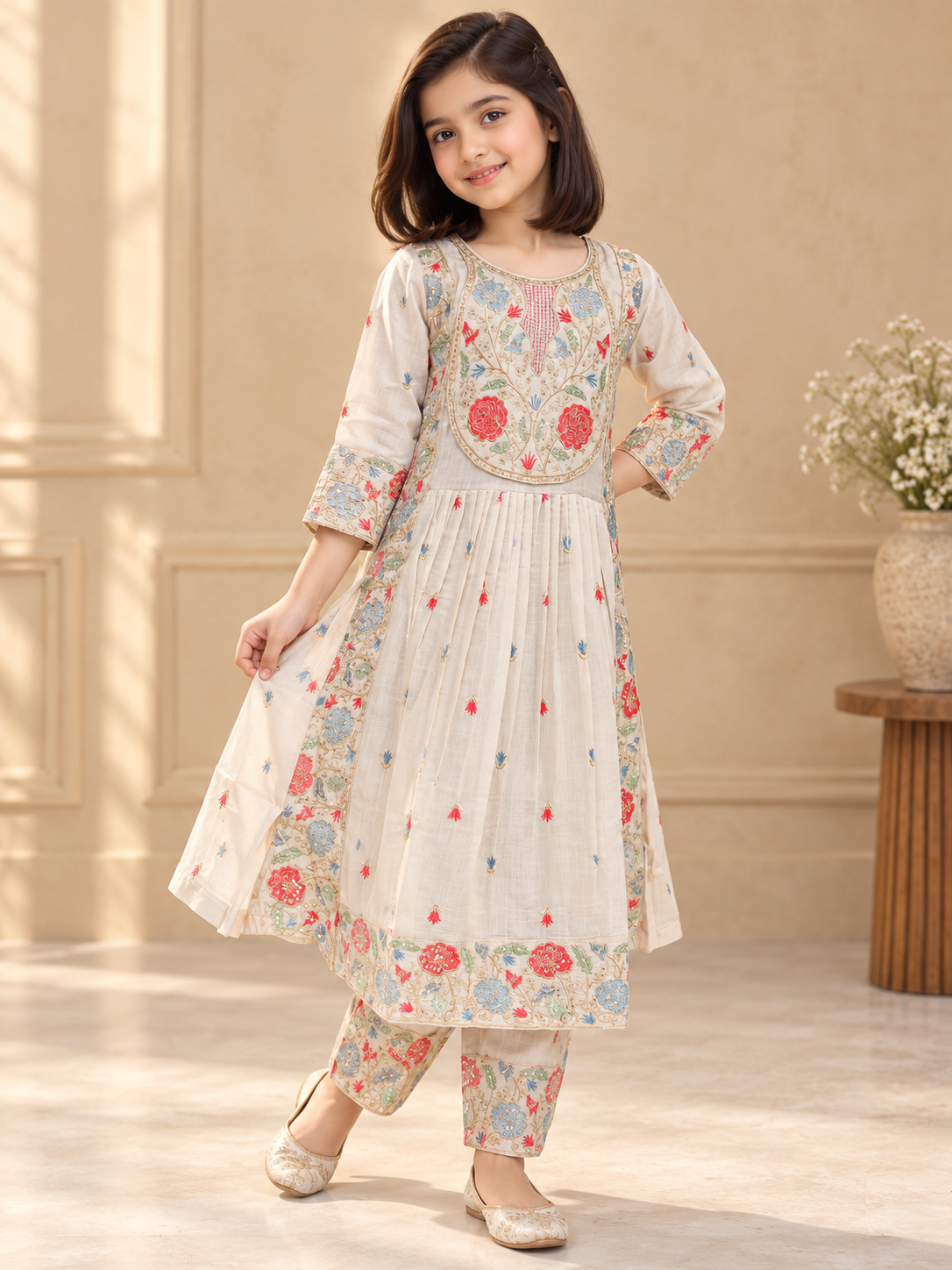 Cotton Embroidery Gown Set 1842 Beige