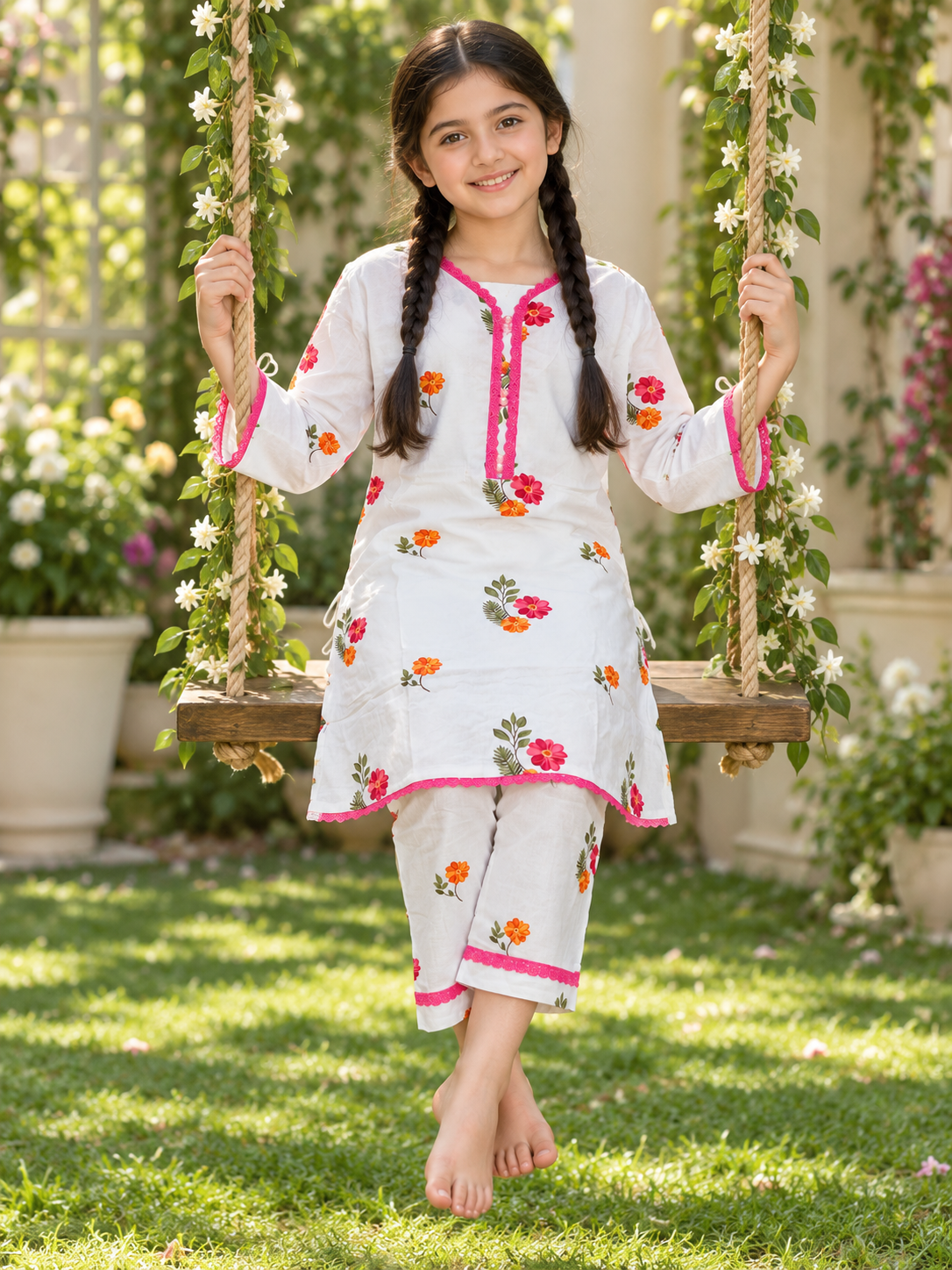 Cotton Printed Kurti Set 1844 White