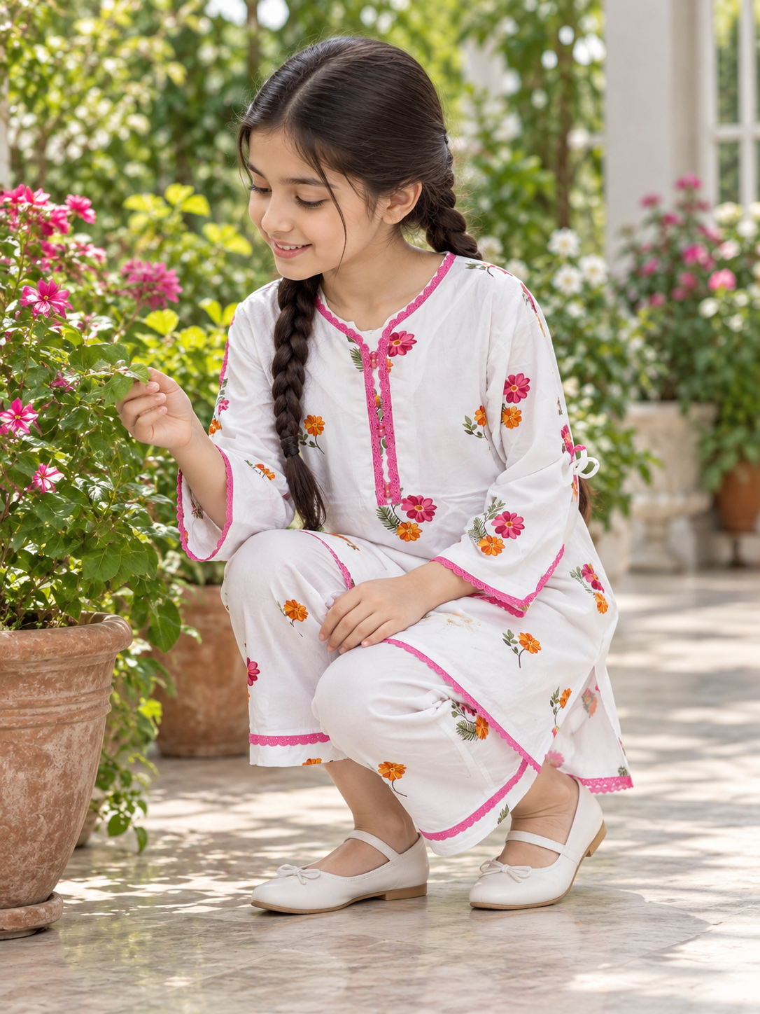 Cotton Printed Kurti Set 1844 White