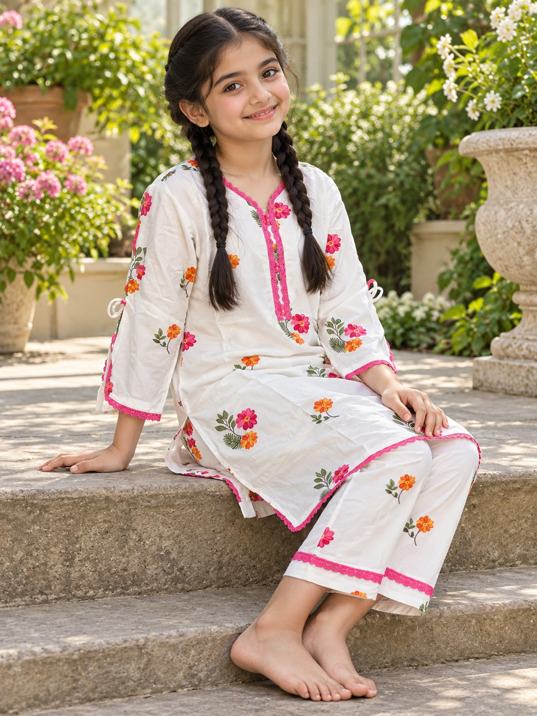 Cotton Printed Kurti Set 1844 White
