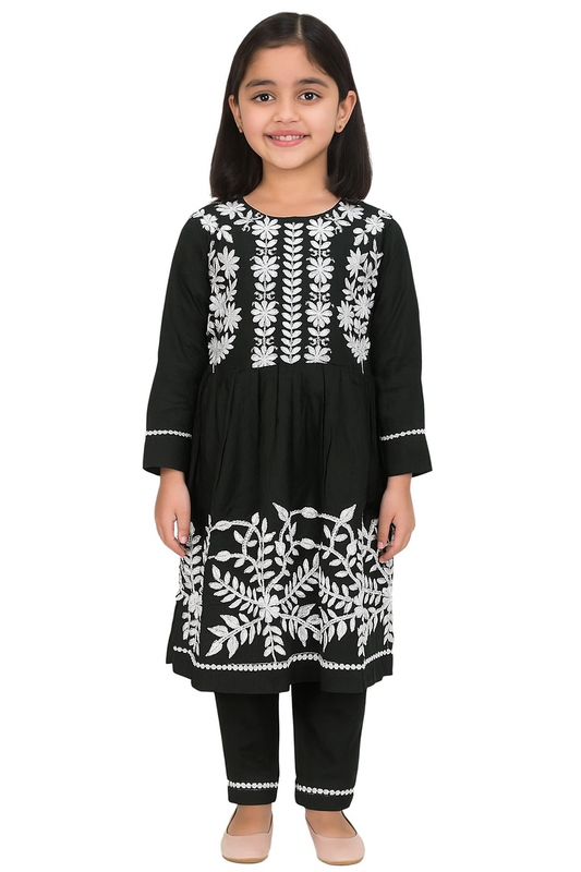 Cotton Embroidery Frock Pant Set 1026 Bottle Green