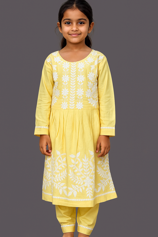 Cotton Embroidery Frock Pant Set 1027 Yellow