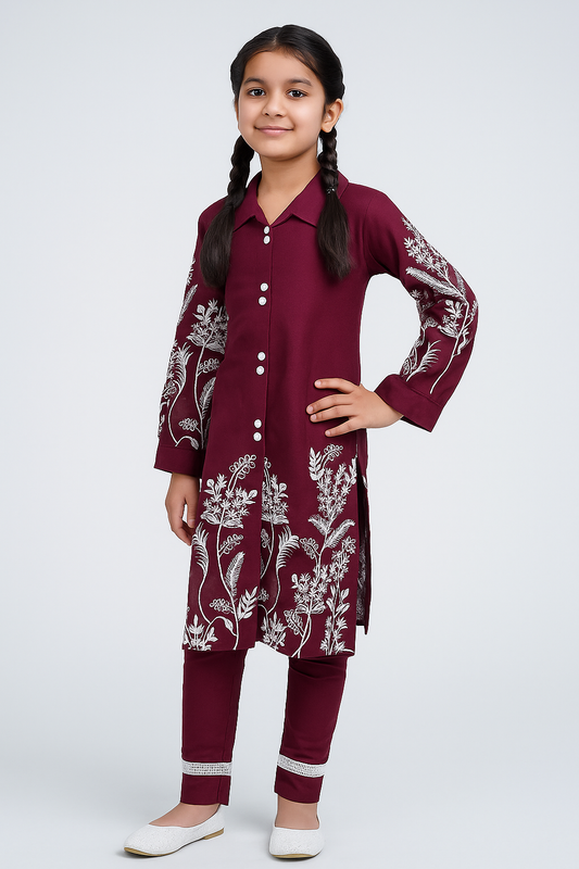Cotton Embroidery Kurti Set 1031 maroon