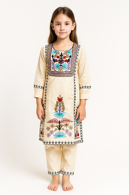 Cotton Embroidery Kurti set 1047 Cream
