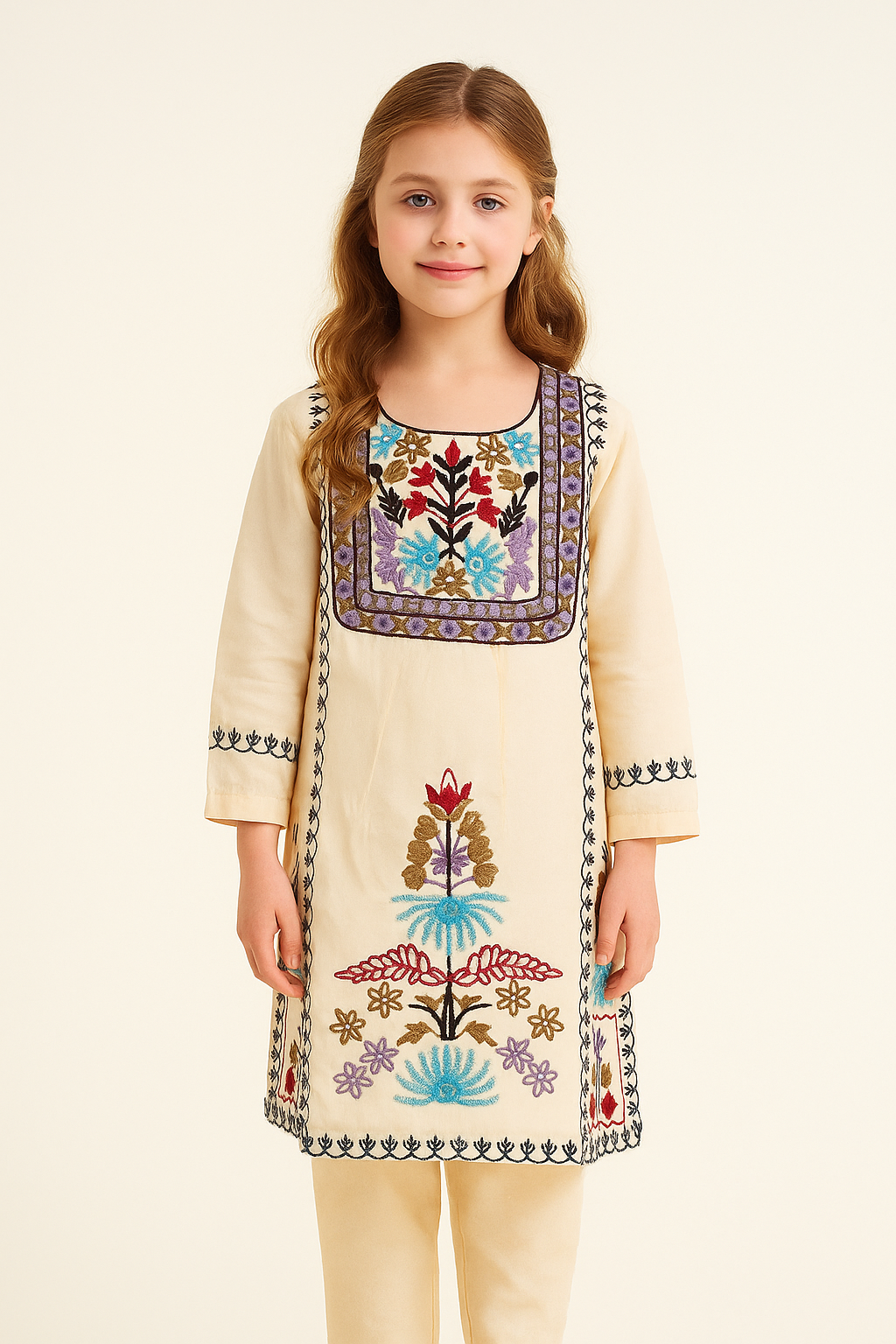 Cotton Embroidery Kurti set 1047 Cream