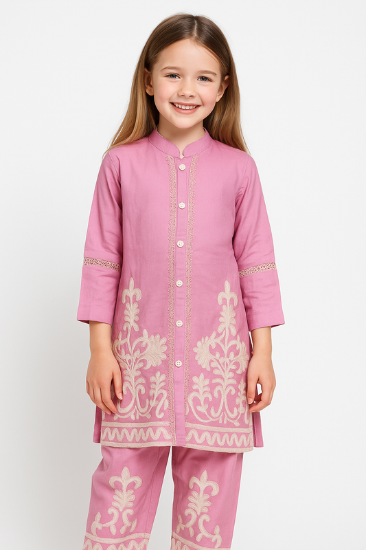 Cotton Embroidery Kurti set 1053 Pink