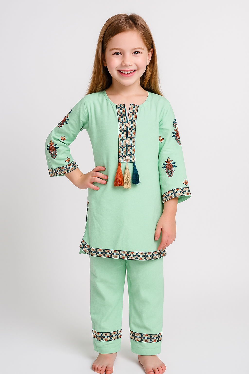 Cotton Embroidery Kurti set 1054 Green