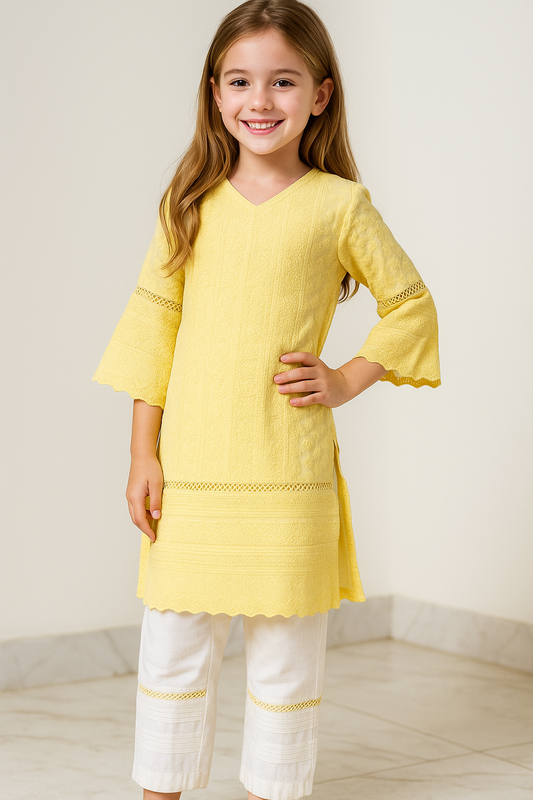 Cotton Embroidery Kurti Set 1057 Yellow