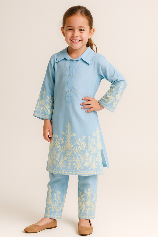 Cotton Embroidery Kurti Set 1060 Sky Blue