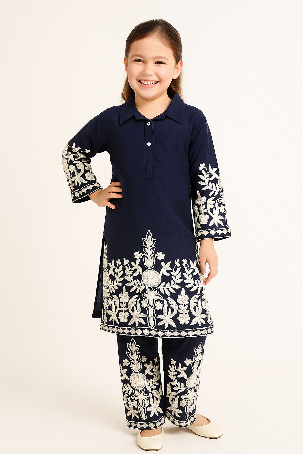 Cotton Embroidery Kurti Set 1061 Navy Blue