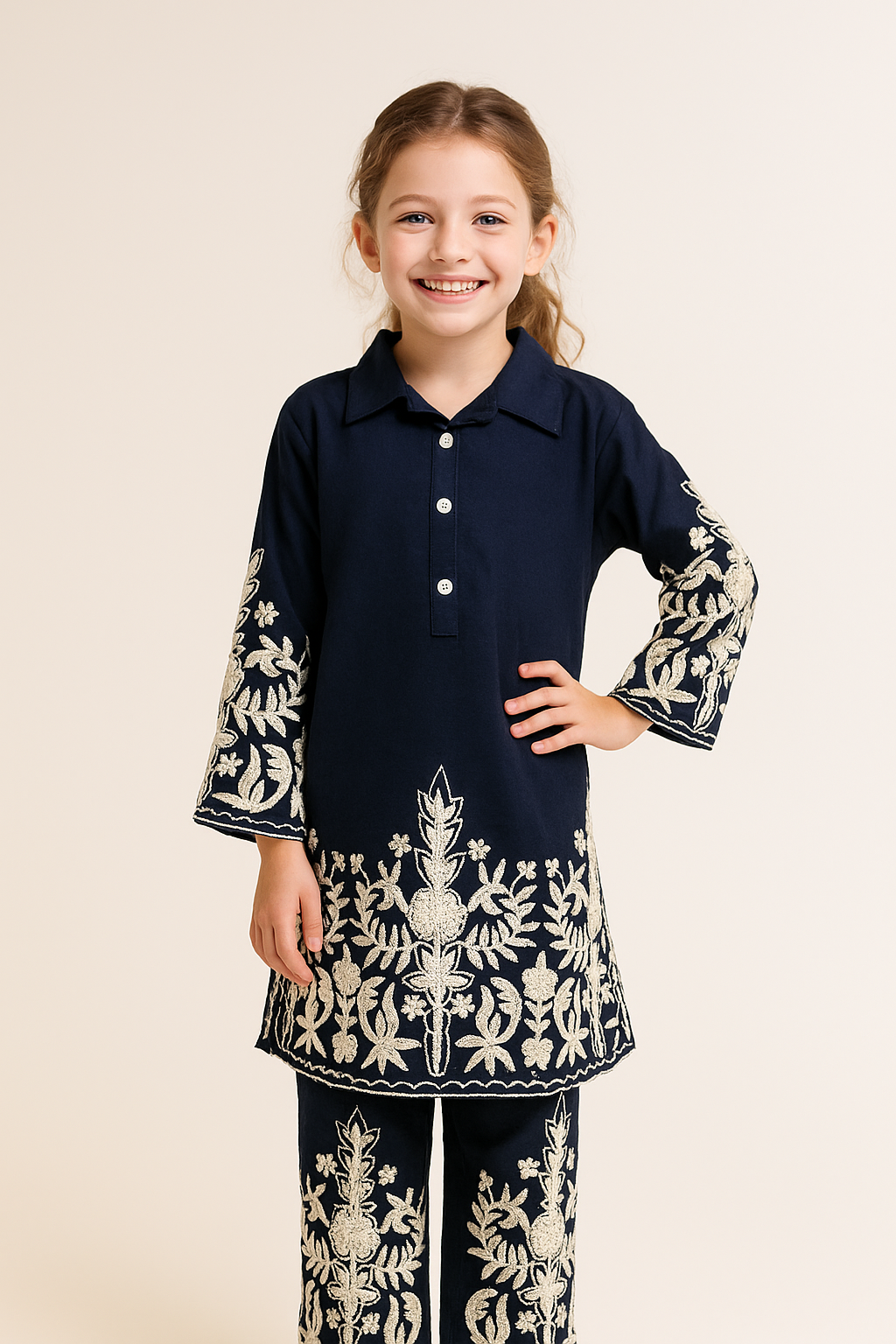 Cotton Embroidery Kurti Set 1061 Navy Blue