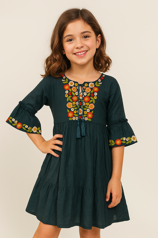 Cotton Embroidery Frock 1035 Bottle Green