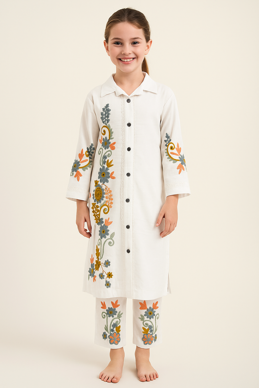 Cotton Embroidery Kurti Set 1029 White