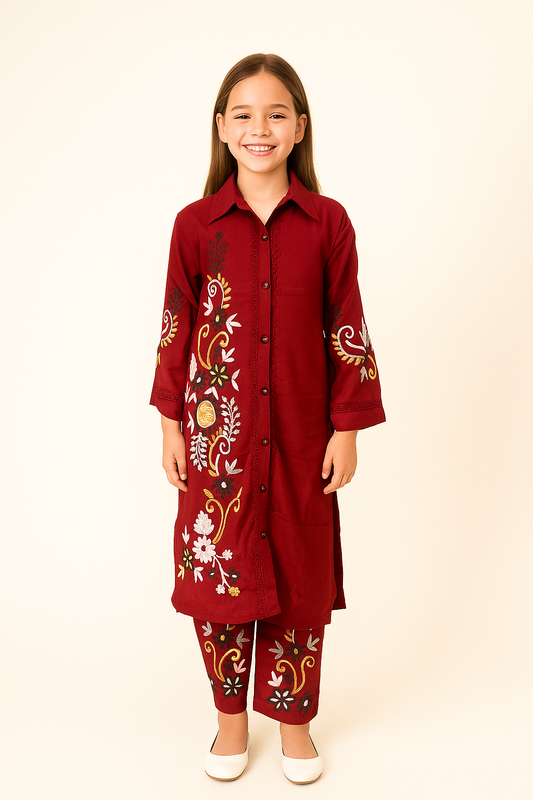 Cotton Embroidery Kurti Set 1028 Maroon