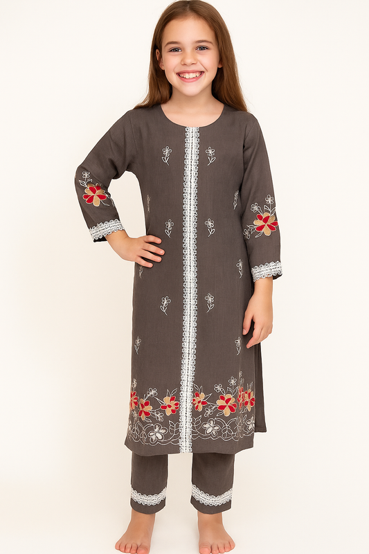 Cotton Embroidery Kurti Set 1073 Grey