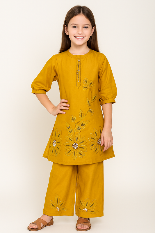 Cotton Embroidery Kurti Set 1076 Mustard