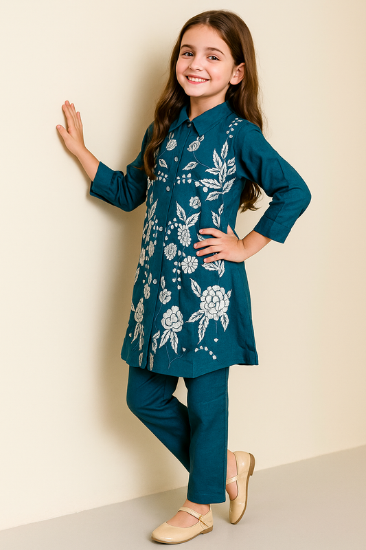 Cotton Embroidery Kurti Set 1080 Royal Blue