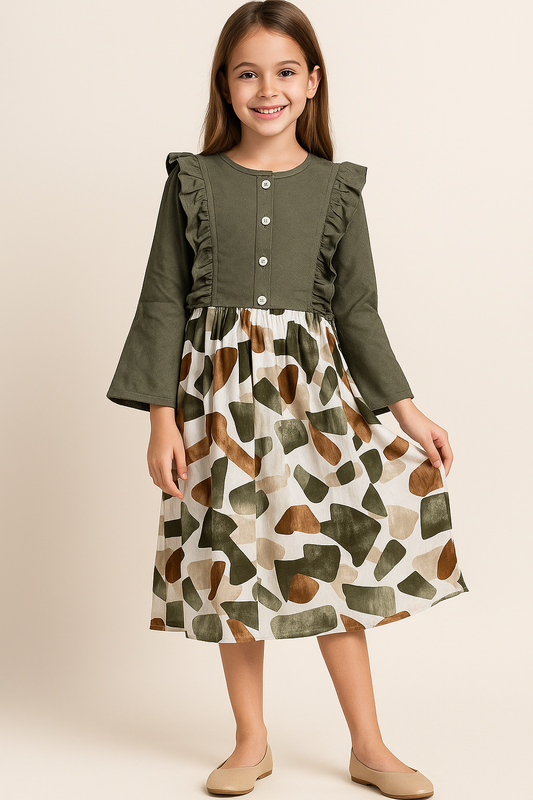 Cotton Printed Frock 1047 Bottle Green