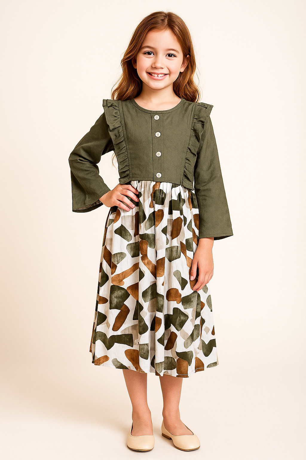 Cotton Printed Frock 1047 Bottle Green