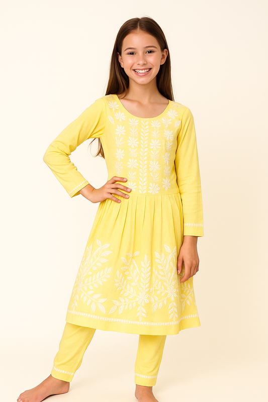 Cotton Embroidery Frock Pant Set 1027 Yellow