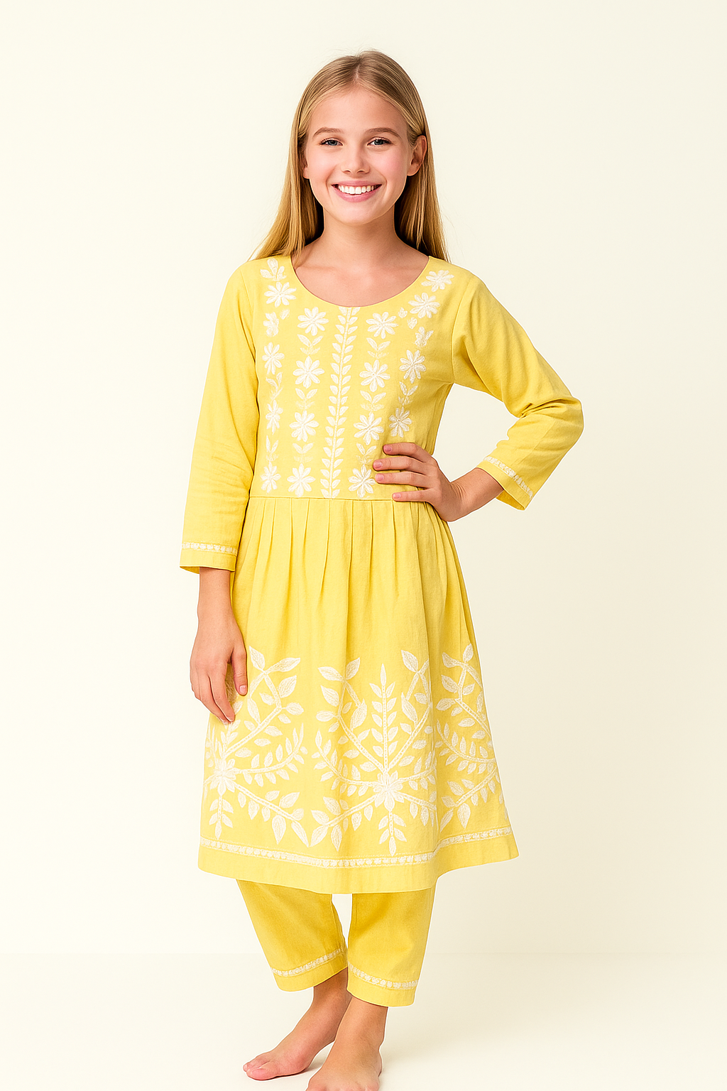 Cotton Embroidery Frock Pant Set 1027 Yellow