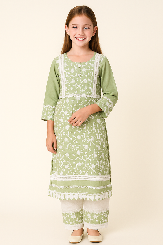 Cotton Embroidery Kurti Set 1088 Pista Green