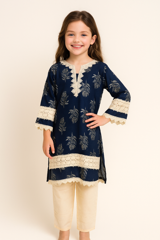 Cotton Printed Kurti Set 1095 Navy Blue