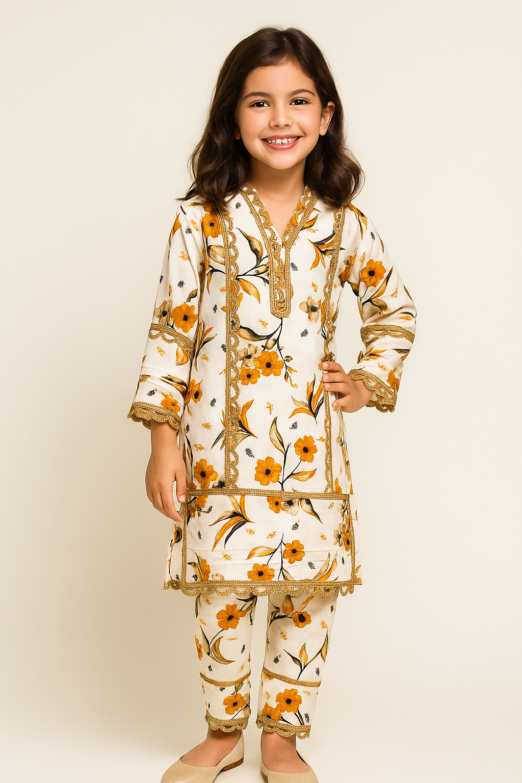 Cotton Printed Kurti Set 1107 Cream