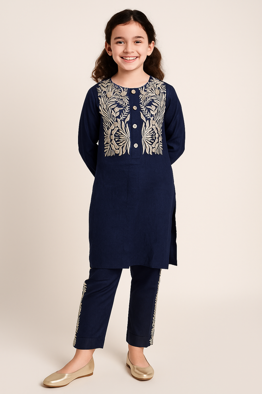 Cotton Embroidery Kurti Set 1116 Navy Blue