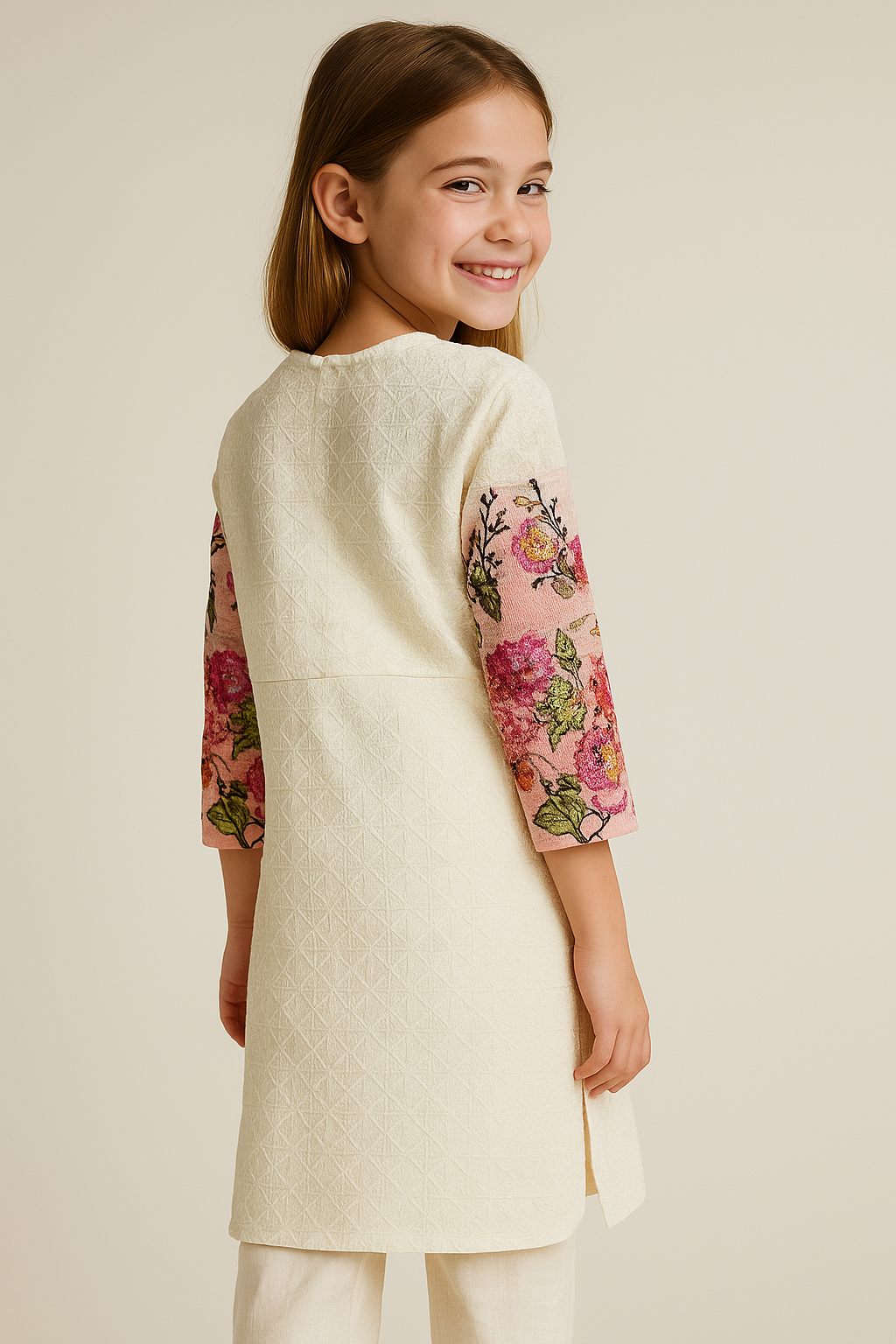 Cotton Textured Fabric Printed Kurti Set 1115 Cream