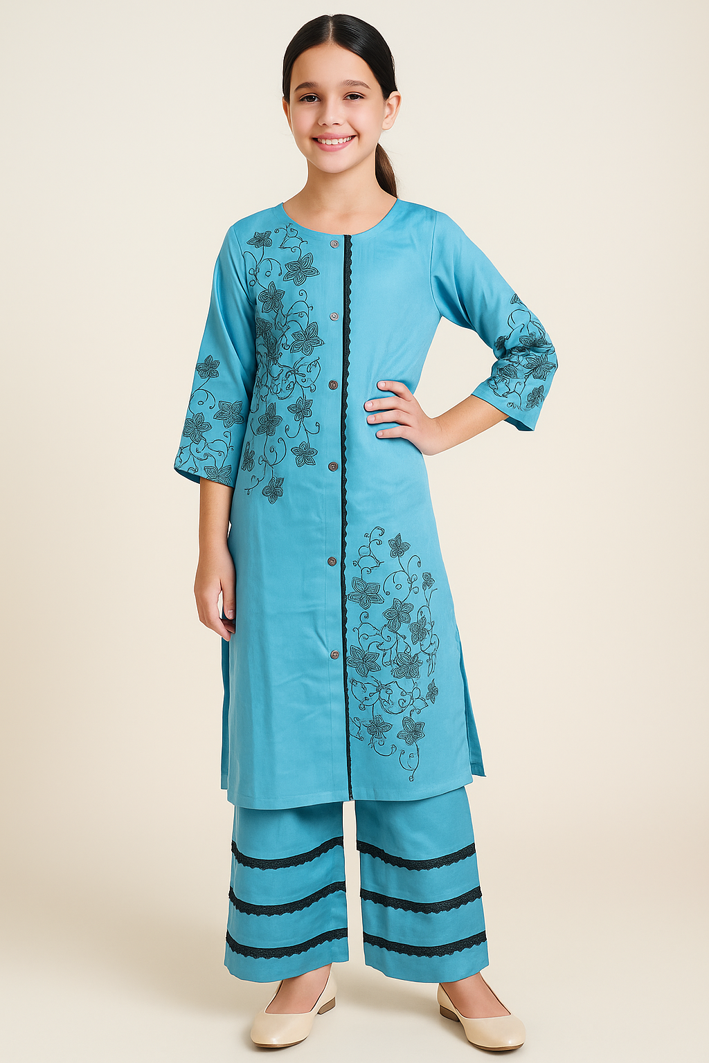 Cotton Embroidery Kurti Set 1124 Sky Blue
