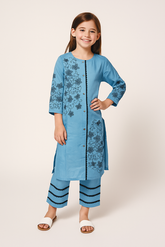 Cotton Embroidery Kurti Set 1124 Sky Blue