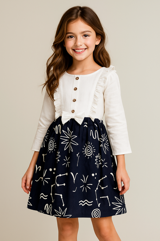 Cotton Printed frock 1061 White & Blue