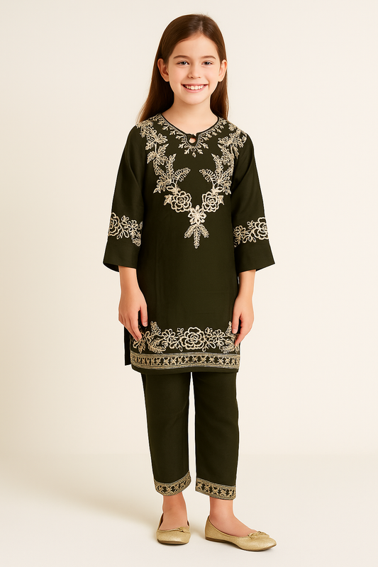 Cotton Embroidery Kurti Set 1151 Bottle Green