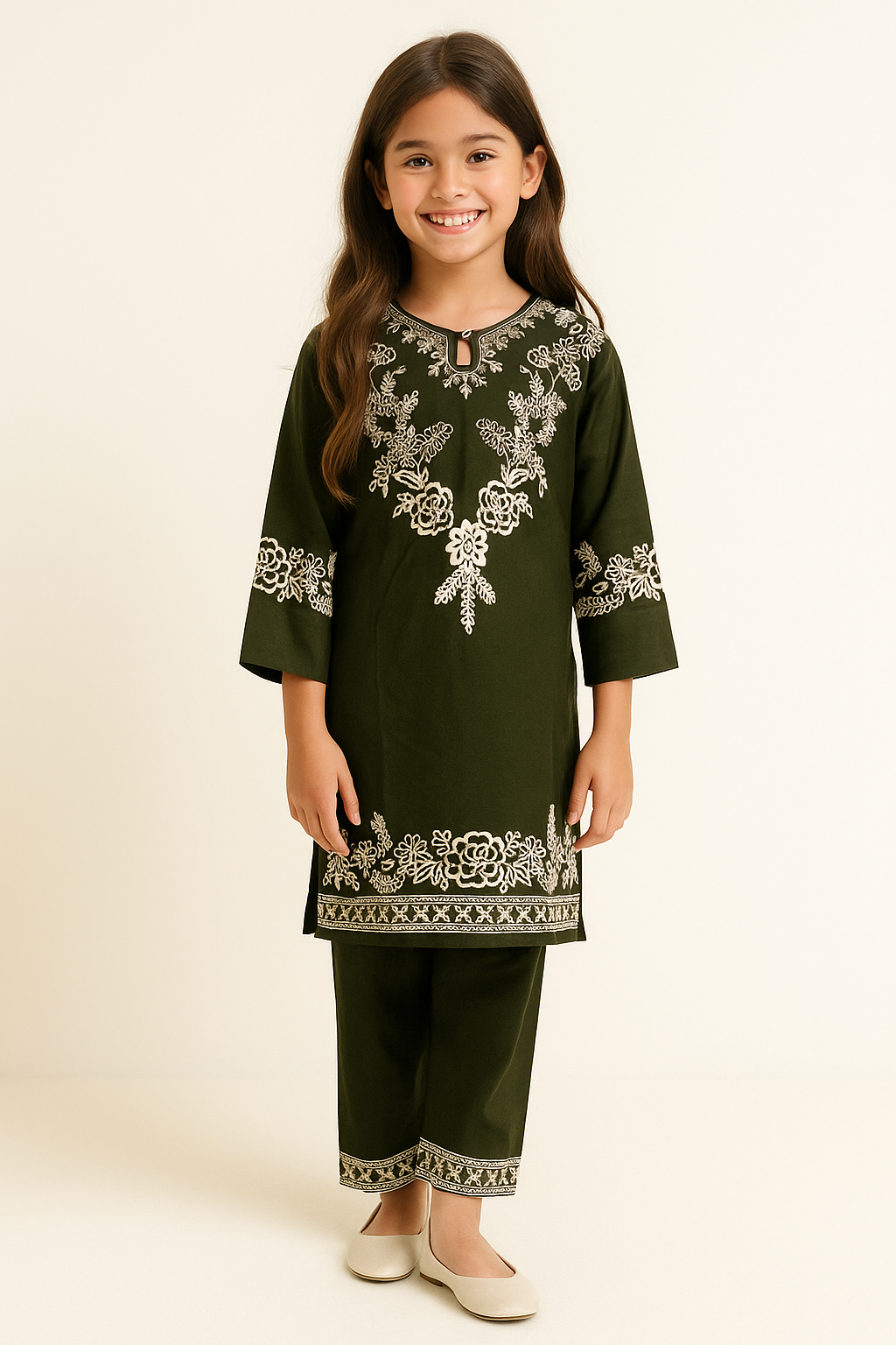 Cotton Embroidery Kurti Set 1151 Bottle Green