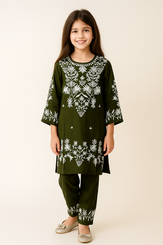 Cotton Embroidery Kurti set 1155 Bottle green