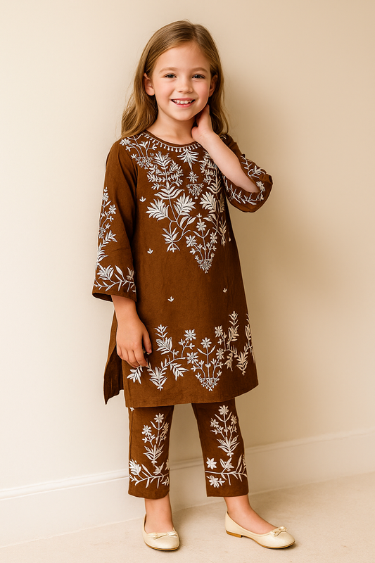 Cotton Embroidery Kurti set 1154 Brown