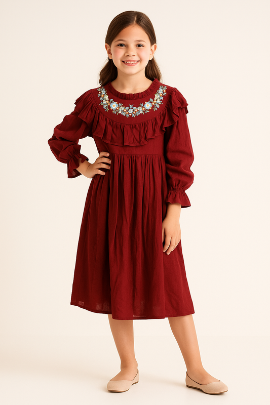 Cotton Embroidery frock 1073 Maroon