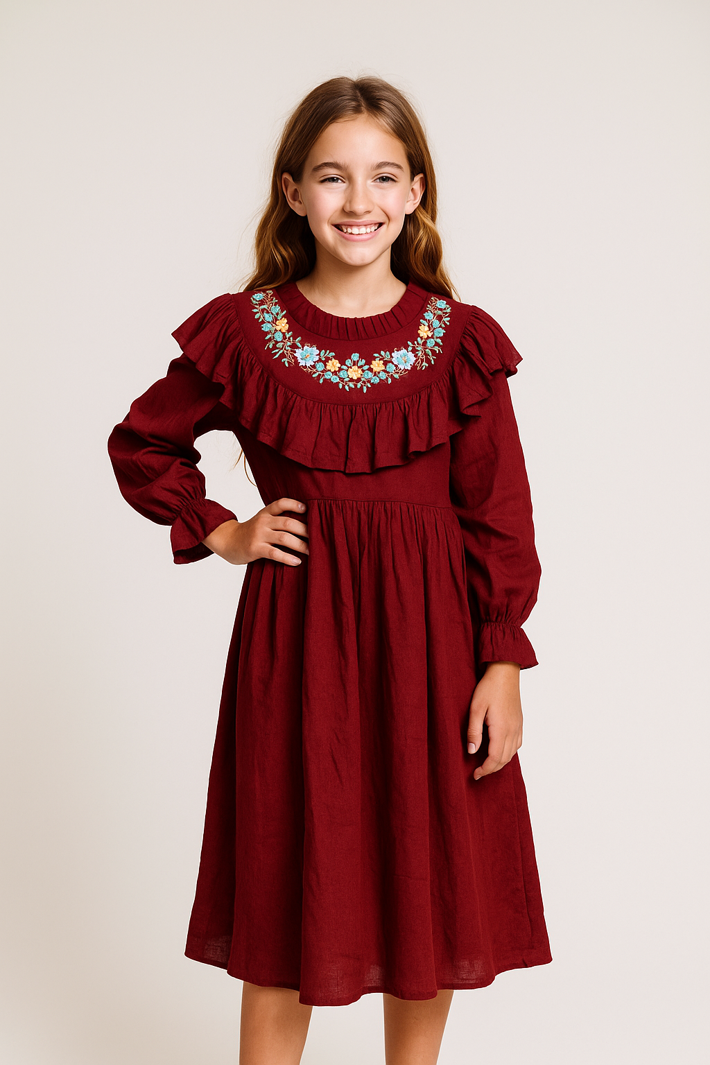 Cotton Embroidery frock 1073 Maroon