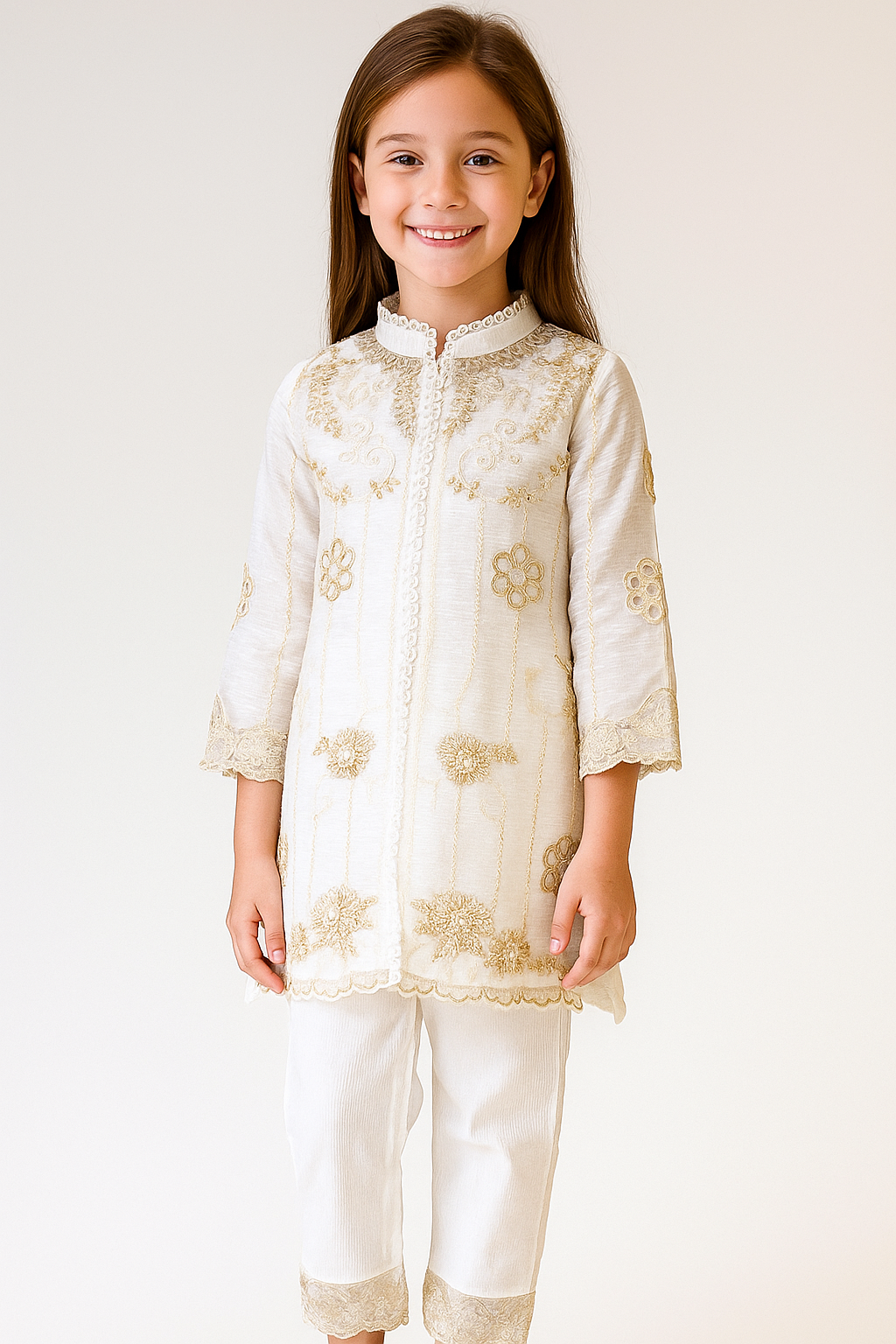 Georgette Embroidery Kurti Set With Dupatta 1166 Cream