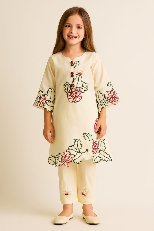 Cotton Embroidery Cutwork Kurti Set With Dupatta 1168 Cream