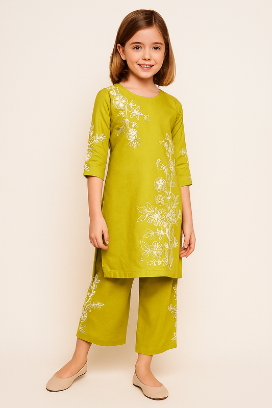 Cotton embroidery Kurti Set 1170 Lime Green