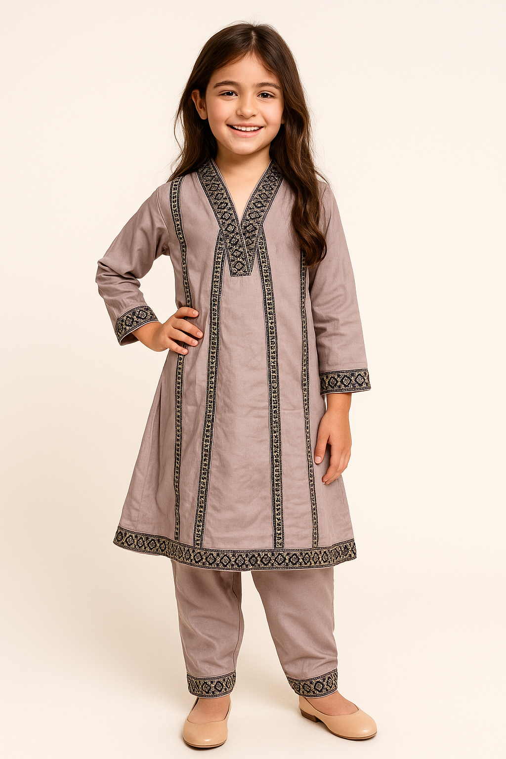 Cotton embroidery Frock Set With Dupatta 1171 Grey