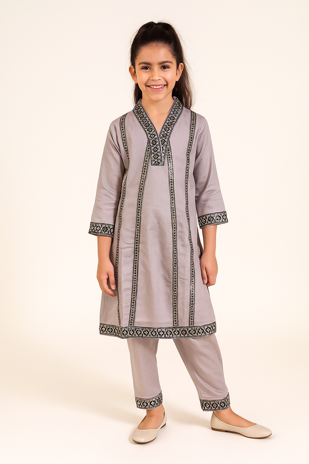 Cotton embroidery Frock Set With Dupatta 1171 Grey