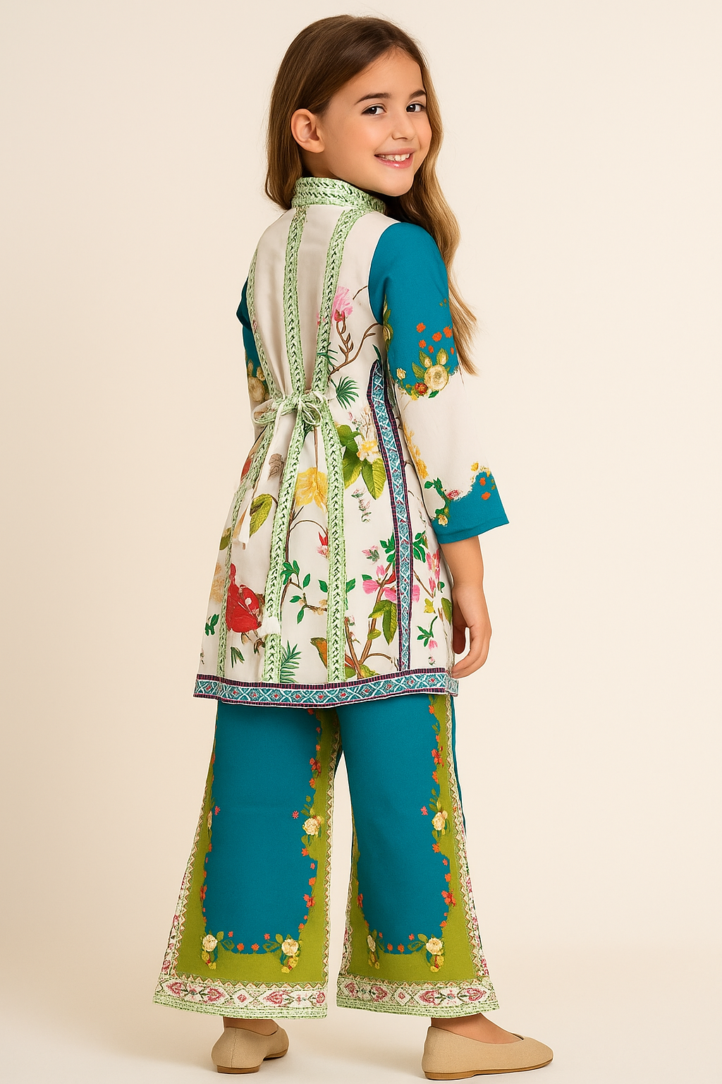 Satin Printed Turkish cord set 1173 White & Green