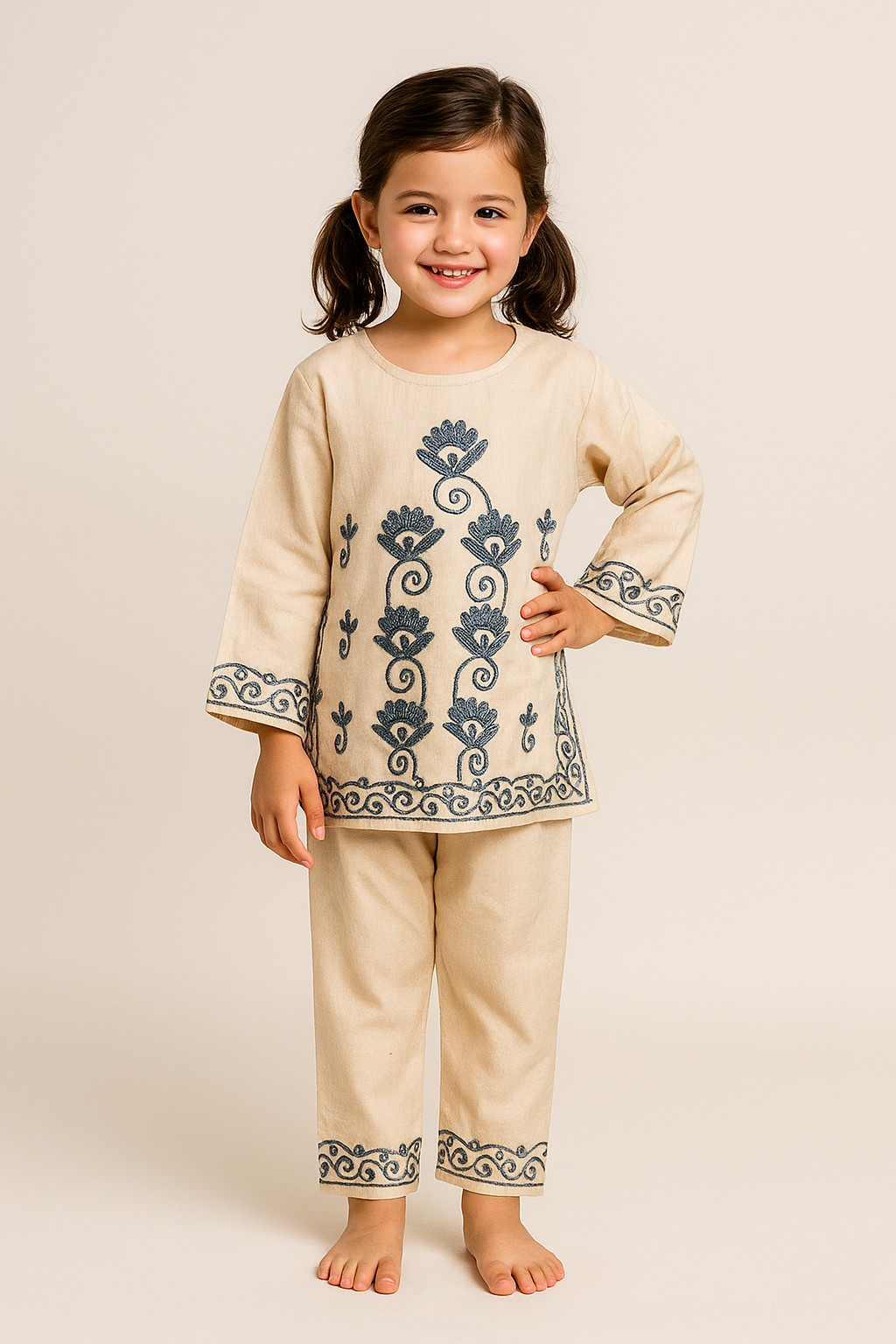 Cotton Embroidery Kurti set 1177 Cream